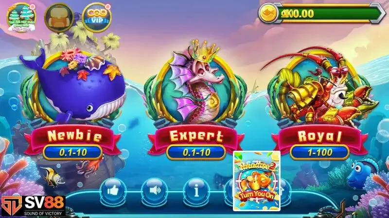 alt text: Hình ảnh giao diện game bắn cá Paradise 2 với đồ họa 3D sống động, nhiều loại cá và hiệu ứng đẹp mắt.