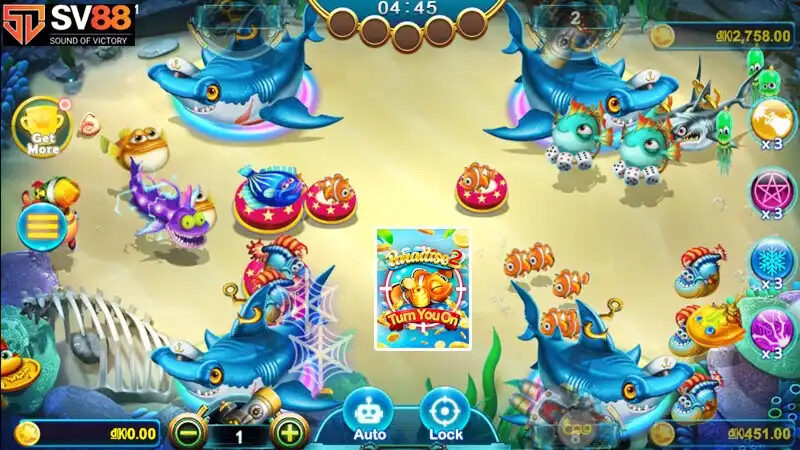 alt text: Hình ảnh minh họa chiến thuật bắn liên hoàn đạn trong game Paradise 2 để tiêu diệt nhiều cá.